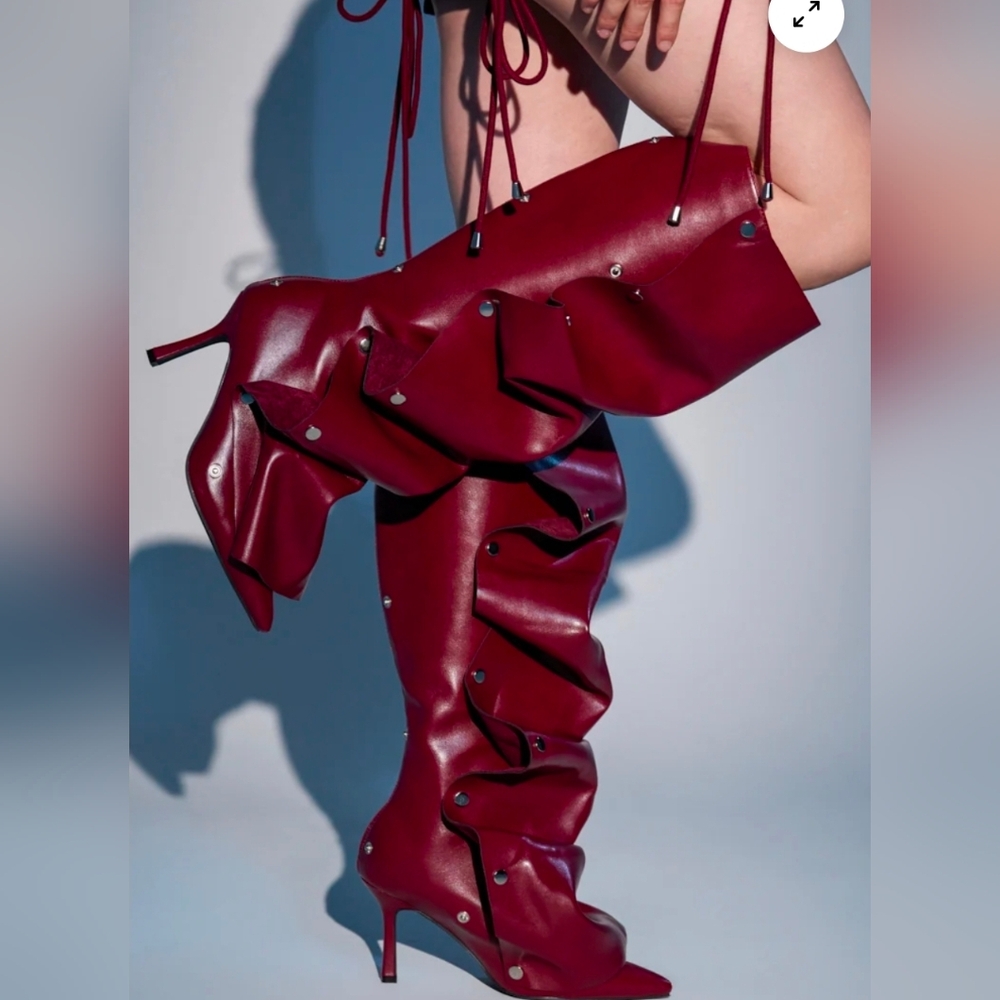 Women’s Burgundy Over-the-Knee Ruffled Stiletto Boots